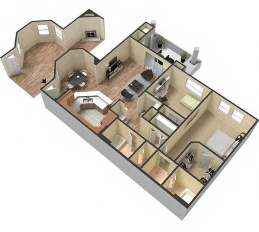 Floor plan for 2 beds, 2 baths, 1031 sqft